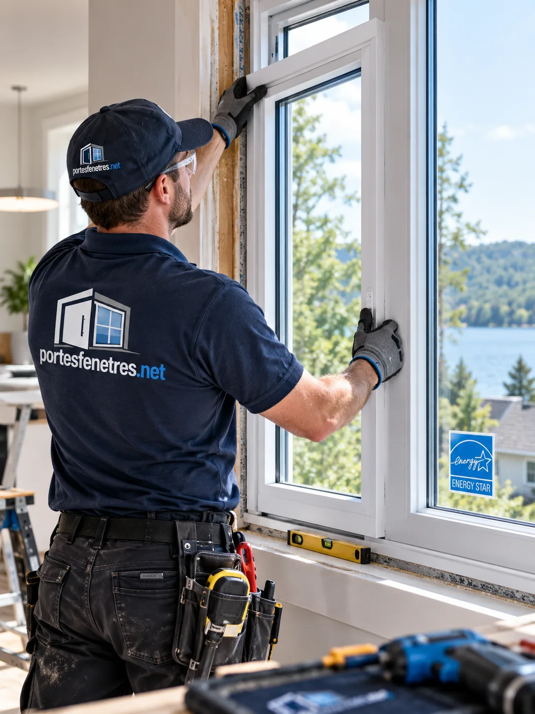 Installateur ajustant une fenêtre à battant blanche dans une ouverture en cours de pose, niveau posé sur l'appui