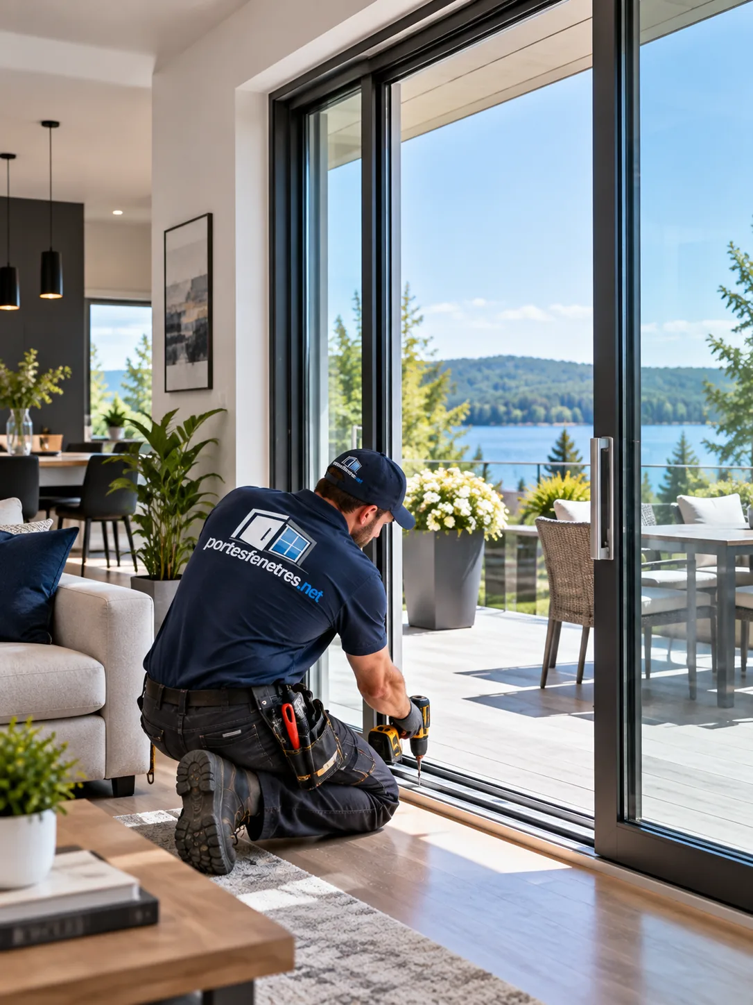 Installateur agenouillé vissant le rail d'une grande porte patio coulissante ouvrant sur une terrasse