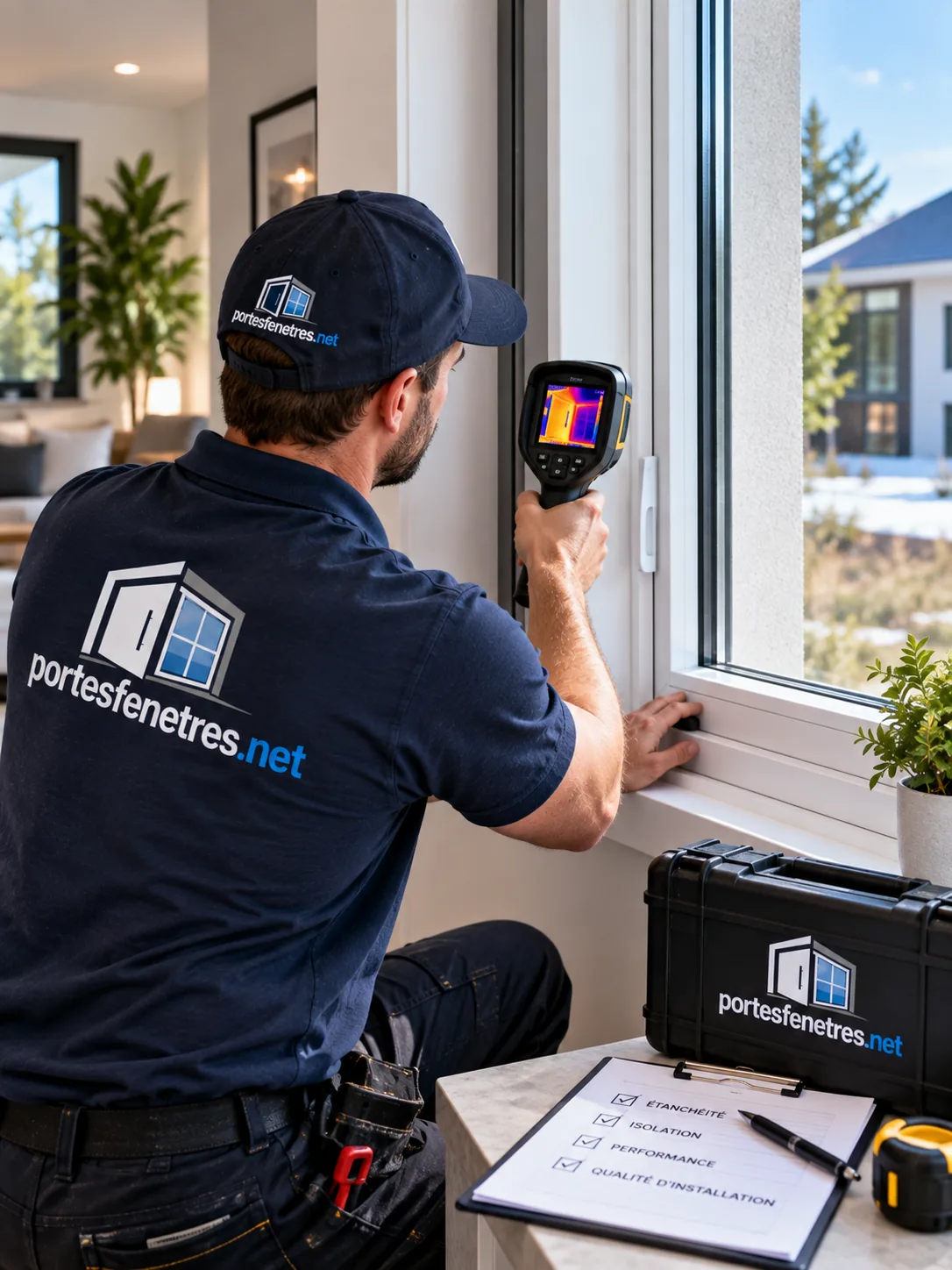 Technicien vérifiant l'étanchéité d'une fenêtre posée à l'aide d'une caméra thermique, fiche de contrôle sur l'appui